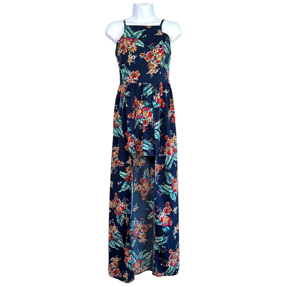 Band of Gypsies Floral Romper Dress Sz S Navy Tropical Maxi Overlay Boho Resort